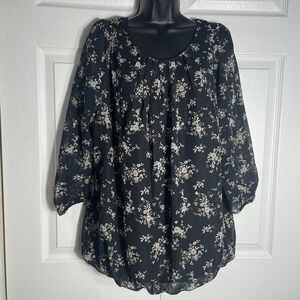 Zenobia Shirt Women 3X Black Beige Floral Long Sleeve Lined Whimsigoth Blouse